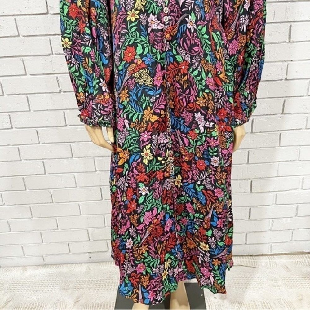 Farm Rio Black Mixed Prints Floral Birds Midi Dress V-Neck Balloon Sleeve Size L - Picture 3 of 16